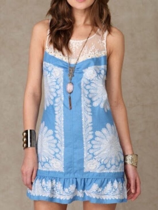 Free People Dresses & Skirts - VTG Free People Crystallized Linen Crochet Lace Yoke Paisley Mini Shift Dress 10